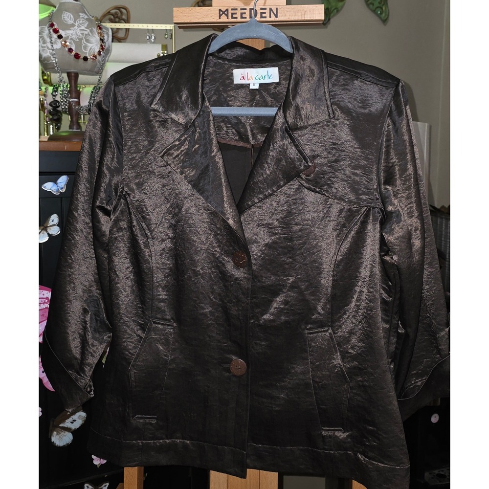 A la Carte Women Brown Metallic Textured Blazer Jacket Shimmer 3/4 Sleeve Small